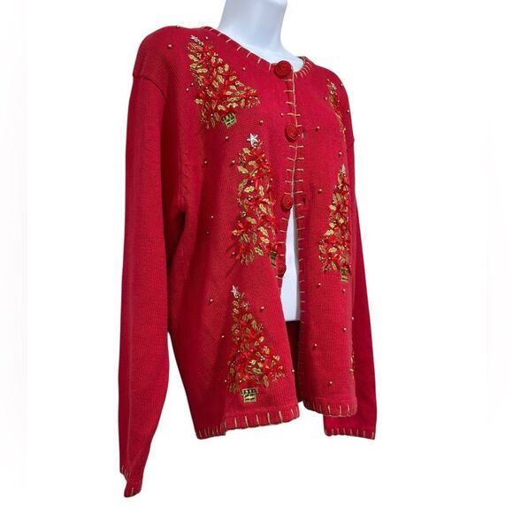 Victoria Harbour Red Christmas Cardigan Sweater Embroidered Trees Beaded Size M - Picture 3 of 6